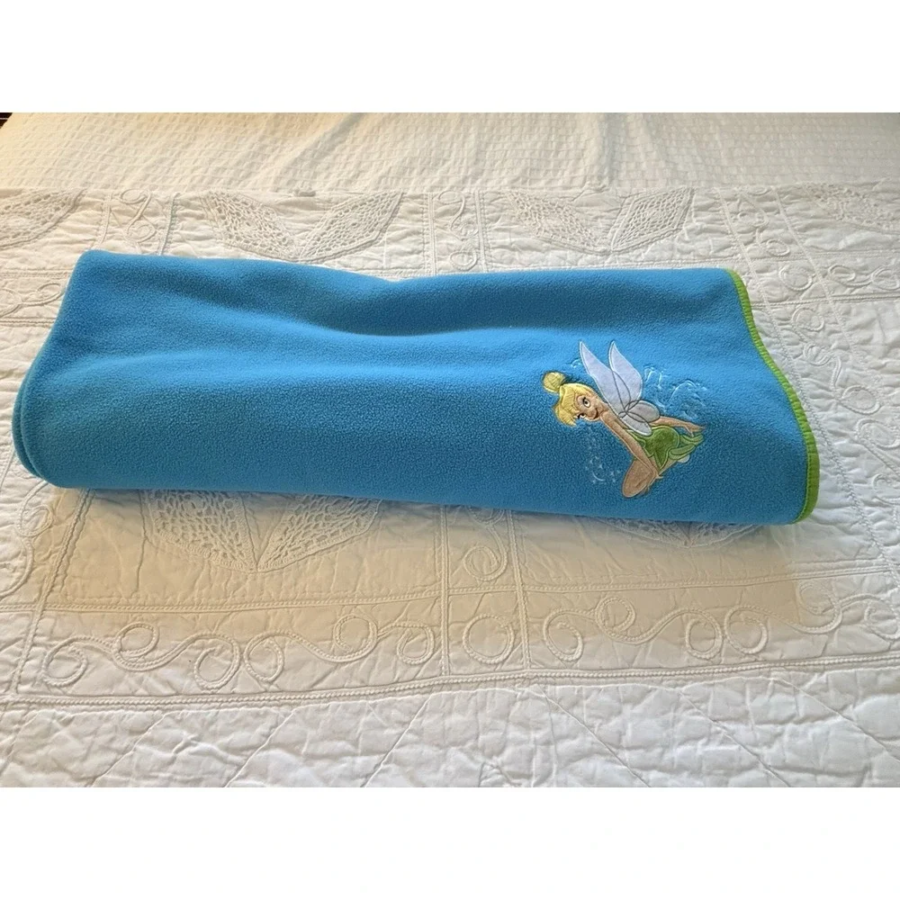 Disney Store Blue‎ Green Trim Tinker Bell Blanket Fleece Wings Fairy 60